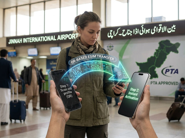 Traveler transferring an eSIM from an old phone to a new compatible phone in Pakistan