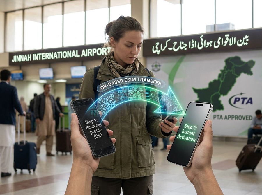 Traveler transferring an eSIM from an old phone to a new compatible phone in Pakistan